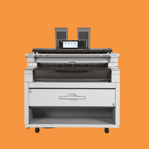 This is a Ricoh Large black and white Wide Format Multifunction Device, the MP W6700SP. It is a large white rectangular shaped device with the following dimensions 49.2"W x 29.7"D x 48.8"H with black accents and a 10.1” smart touch screen operation panel positioned at the top-center of the machine. Photo is on a deep orange backdrop.