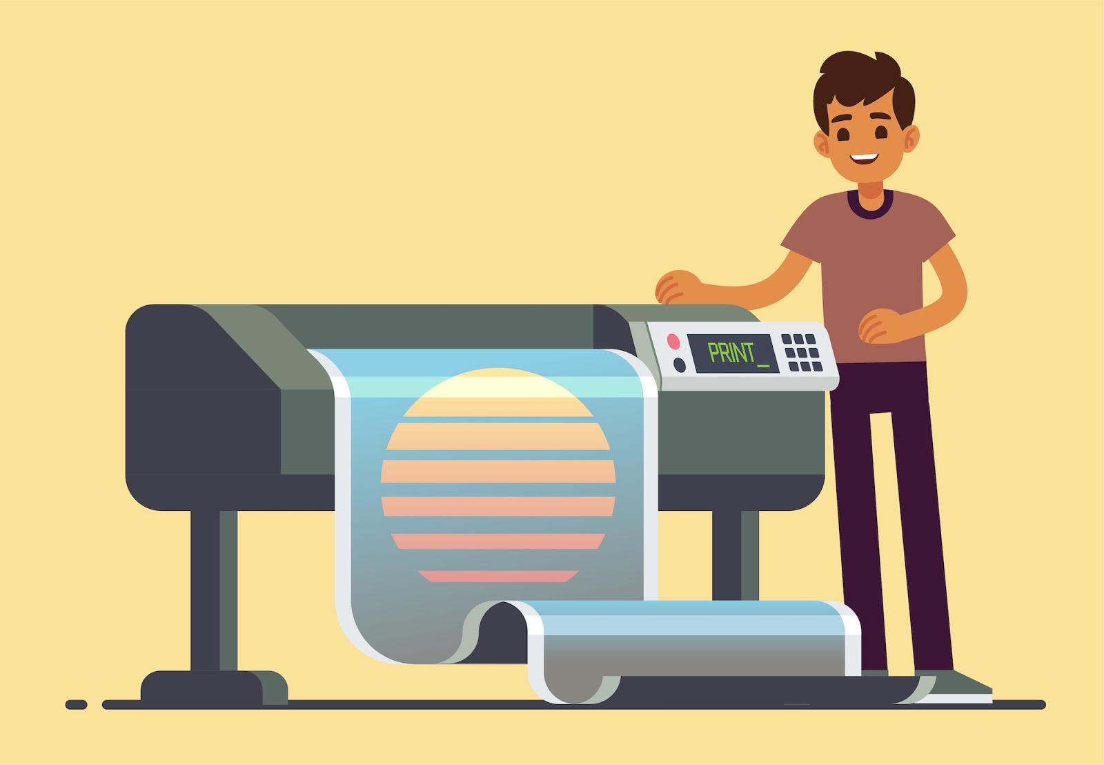 A young man using a wide-format printer to create posters of a sun design