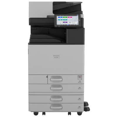 These are Ricoh Color Multifunction Devices, the IM C 2510, 3010, 3510, 4510, 6010 that all share the same body. It is a larger console sized medium gray rectangular shaped device with the following dimensions 23.0"W x 27.0"D x 37.9"H with black accents and a 10.1” smart touch screen operation panel positioned at the top-right of the machine. Photo is on a light gray backdrop.