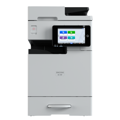 These are Ricoh B&W Multifunction Devices, the IM 370F, 460F, 460 FTL that all share the same body. It is a desktop sized light gray rectangular shaped device with the following dimensions 14.7"W × 19.4"D × 25.2"H with black accents and a 7” smart touch screen operation panel positioned at the top-right of the machine. Photo is on a white backdrop.