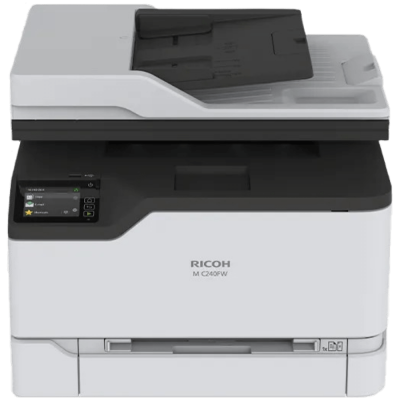 This is a Ricoh Color Multifunction Device, the M C240FW. It is a small desktop sized white square shaped device with the following dimensions 16.19"W × 15.52"D × 13.56"H with black accents and a 4-line LCD display positioned at the top-right of the machine. Photo is on a dark gray backdrop.