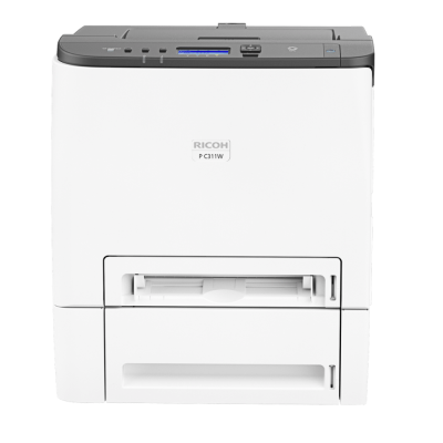 These are Ricoh Color Multifunction Devices, the M C251FW, P C311W. It is a small desktop sized white square shaped device with the following dimensions 16.5"W × 19.4"D × 18.6"H with black accents and a color touchscreen panel positioned at the top-right of the machine. Photo is on a white backdrop.