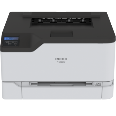 This is a Ricoh Color Multifunction Device, the P C200W. It is a small desktop sized white square shaped device with the following dimensions 16.19"W × 15.52"D × 9.59"H with black accents and a 2-line LCD display positioned at the top-right of the machine. Photo is on a white backdrop.