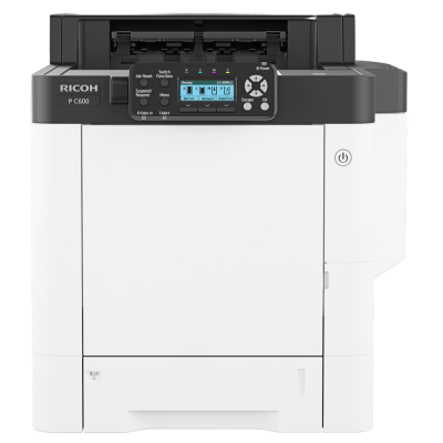This is a Ricoh Color Multifunction Device, the P C600. It is a small desktop sized white square shaped device with the following dimensions 17.5"W × 22.4"D × 18.5"H with black accents and a small backlit LCD control panel positioned at the top-right of the machine. Photo is on a dark gray backdrop.