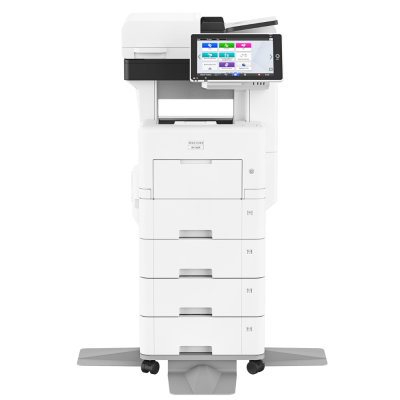 This is a Ricoh B&W Multifunction Device, the IM 550F. It is a full sized light gray rectangular shaped device with the following dimensions 18.9"W x 21.2"D x 25.4"H with black accents and a 10.1” smart touch screen operation panel positioned at the top-right of the machine. Photo is on a white backdrop.