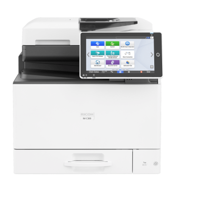 These are Ricoh Color Multifunction Devices, the IM C300F, 400F & 400SRF that all share the same body. It is a larger white rectangular shaped device with the following dimensions 19.6"W x 22.1"D x 20.1"H with black accents and a 10.1” smart touch screen operation panel positioned at the top-right of the machine. Photo is on a light gray backdrop.