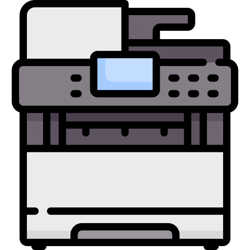Illustrated multifunctional printer icon against black backdrop