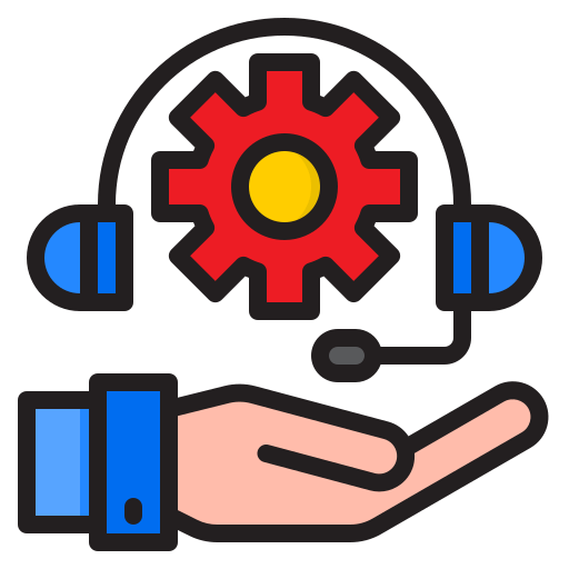 A hand holding a headset and a gear wheel, representing technology and communication and IT Services and support